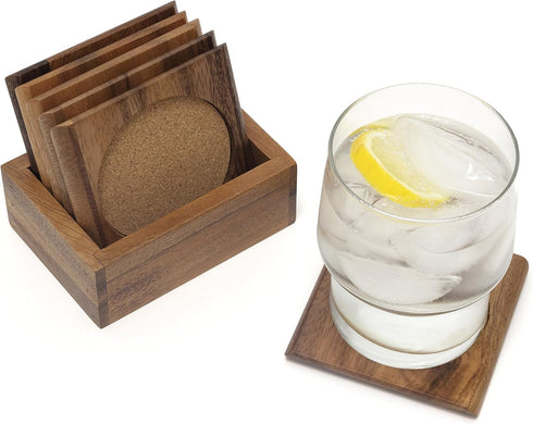 Lipper International Acacia Square with Cork Coasters and Caddy, 7-Piece Set