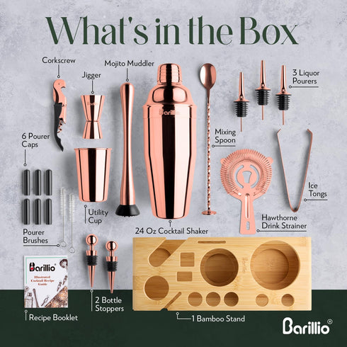 Barillio Rose Gold Bartender Kit, Stainless-Steel Cocktail Shaker Set with Bamboo Stand, 23-Pc Bar Tools