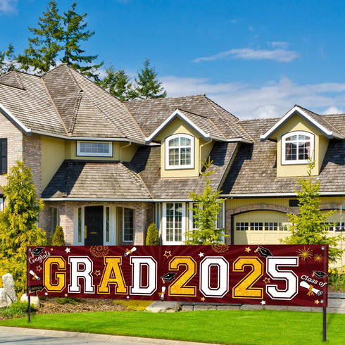 Congrats Grad 2025 Graduation Yard Sign, Giant Maroon Lawn Sign Decorations for Graduation Party Supplies
