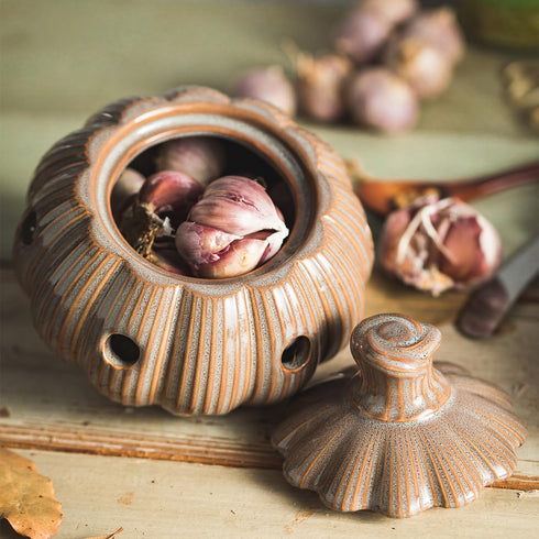 Ceramic Garlic Keeper with Lid and Holes Garlic Saver and Storage Framhouse Decor Keep Gralic Cloves Dry and Fresh
