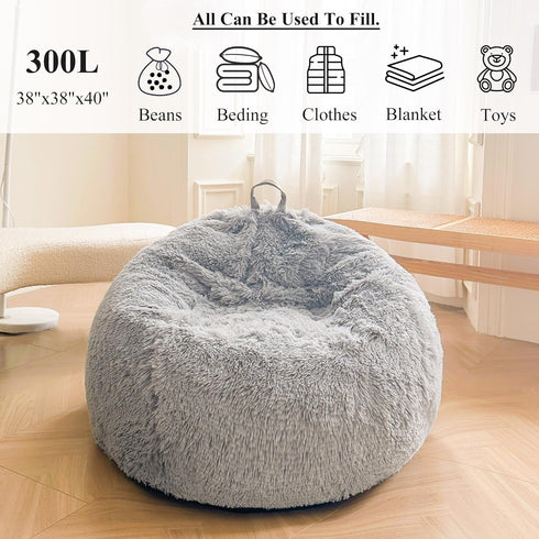 XeGe Fluffy Stuffed Animal Storage Bean Bag Cover (No Filler), Faux Fur Washable Ultra Soft Cover for Plush Toys, Light
