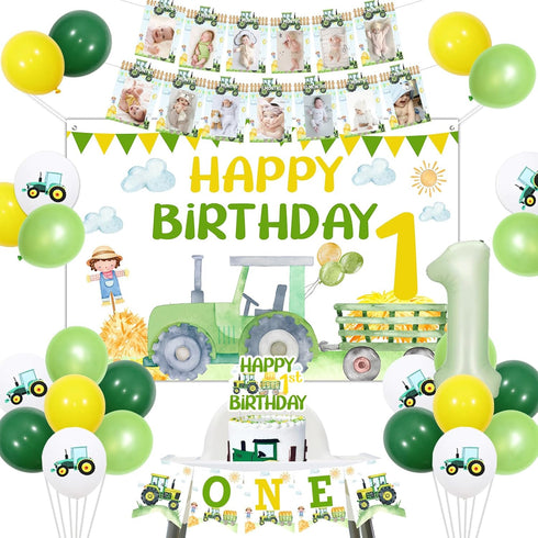 TWO WILD Tractor 1st Birthday Decorations for Boy Green Tractor Banner Backdrop High Chair
