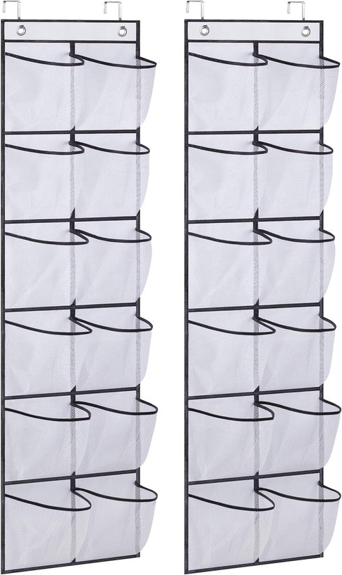 MISSLO Over The Door Shoe Organizer, 12 Large Mesh Pockets, Hanging Narrow Closet Door, White, 2 Pack
