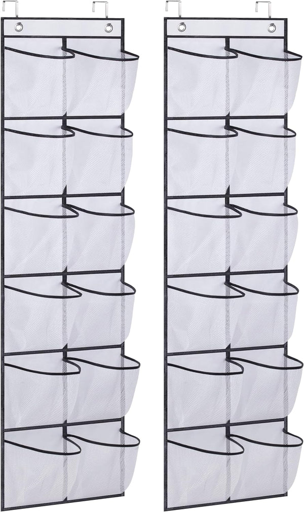 MISSLO Over The Door Shoe Organizer, 12 Large Mesh Pockets, Hanging Narrow Closet Door, White, 2 Pack