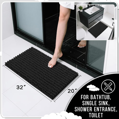 Yimobra Non Slip Washable Bathroom Rugs 32x20 Inch - Ultra Soft Chenille Bath Mat, Quick Dry, Black