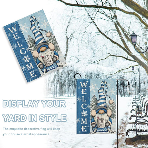Welcome Winter Gnome Decorative Garden Flag, Blue Christmas Holiday Seasonal Burlap, 12 x 18 Double Sided Yard Decor