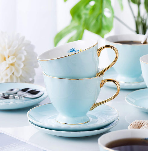 Set Set 6 (FD-TCS02 (6), 7oz) Jusalpha Fine China Tea Cup and Saucer Coffee Cup with Saucer and Spoon of blue