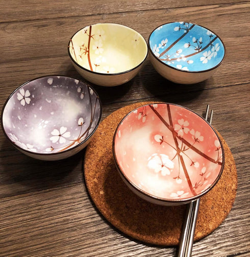 Set of 4 Mose Cafolo Japanese Style Ceramic Rice Bowls, Assorted Designs with Phum Flowers, Gift Box