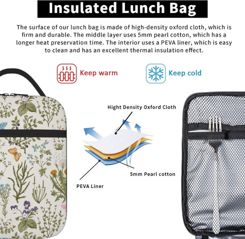 Pretty Wild Floral Insulated Lunch Bag, Reusable Cooler Tote for Girls & Boys, Leakproof Thermal Lunch Box for School