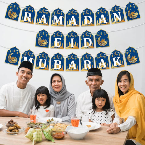 WATINC 2 in 1 Ramadan Banner Eid Mubarak Decoration, No DIY Needed Hanging Banners Decor for Home, Tree, Wall 10 Feet