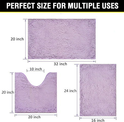 Bathroom Rugs Chenille 3-Piece Extra Soft and Absorbent Shag Bathroom Mats, Machine Wash Mat, Strong PVC Non-Slip