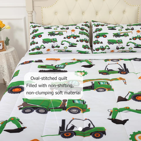 Set Sets Set 1 1 Comforter Green Tractor: Twin Size Cartoon Excavator Truck Car Bedding for Boys Kids Teens Toddler