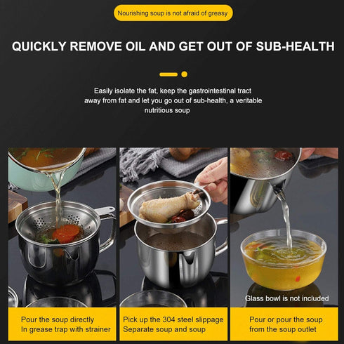 Stainless Steel 4 Cup/1000ML Fat Separator with Strainer and Glass Lid, Soup Oil Separator Cup for Cooking, Kitchen Oil