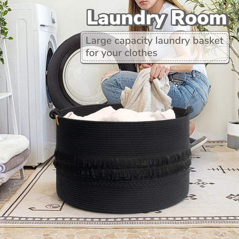 CherryNow Extra Large Black Laundry Basket - Rope Storage for Bathroom, Bedroom, Living Room, 22 x 14 inches
