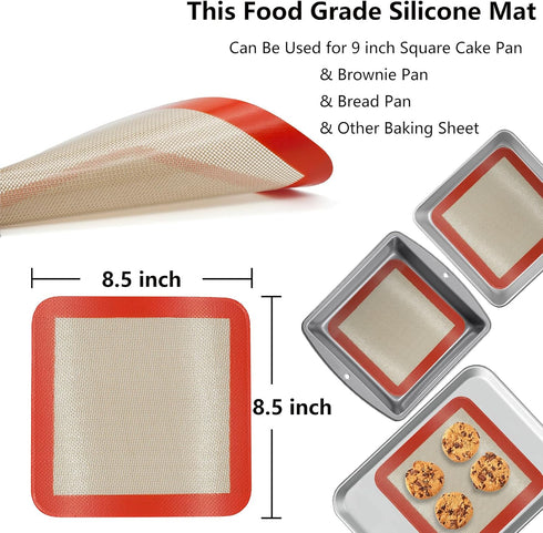 Square Silicone Baking Mats for 9 Inch Cake Pan, 8.5" Non-stick Reusable Silicone Mat for Baking Pan (2 PCS)