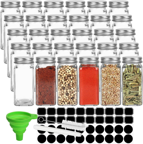 Keketin 30 Pack Glass Spice Jars 4 oz with Labels, Empty Square