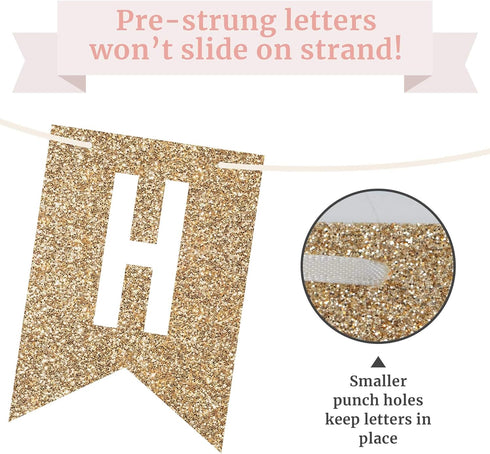 Pre-strung Happy Birthday Banner, Gold Glitter Birthday Party Banner, No DIY, 6 ft Strands
