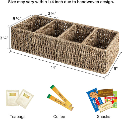 StorageWorks Small Baskets for Organizing, Handwoven Seagrass Baskets with 4 Sections, 2 Pack for Shelves, Pantry,