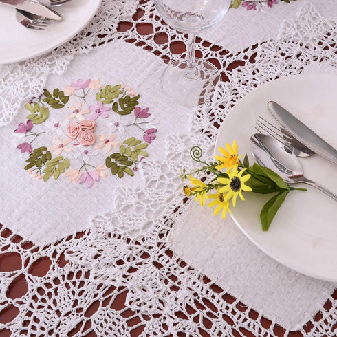 Handmade Crochet Cotton Lace Table Runner Dresser Scarf, Ribbon Embroidery (17 x 56 inches)