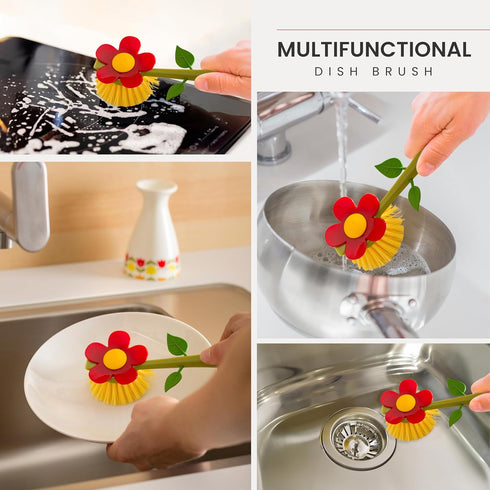 Vigar Flower Power Dish Brush with Vase Brush Holder, Dish Brush with Handle for Pot Scrubber, Dishes, Sink