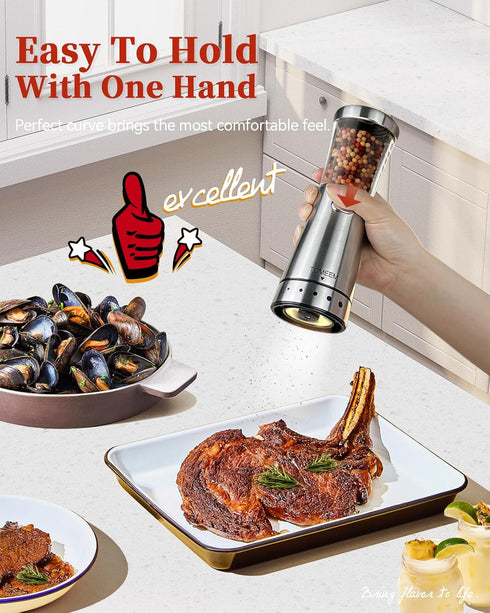 Set Set 4.5 oz 1.8" Electric Salt and Pepper Grinder with Storage Base, Stainless Steel Rechargeable Salt and Pepper