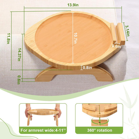 360 Couch Arm Tray Table, Bamboo Clip-on Couch Arm Tray with Phone Holder, Foldable Sofa Armrest Table for Eating