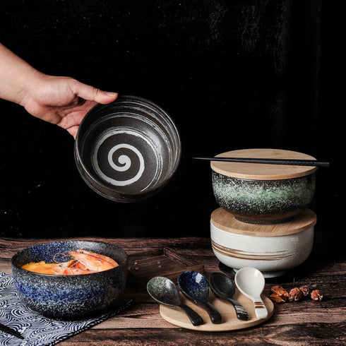 Ceramic Ramen Bowl Set, 38 OZ Japanese Style, Microwave & Dishwasher Safe, Includes Spoon & Chopsticks, Blue