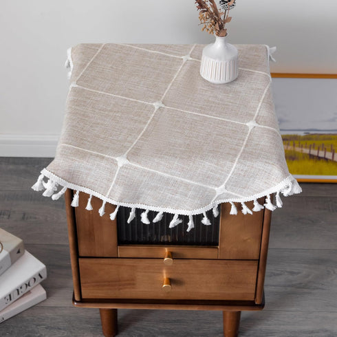 Kunxufi 24 Inch Farmhouse Small Round Brown Waterproof Tablecloth Heavy Weight Cotton Linen Table Cloth with Tassels