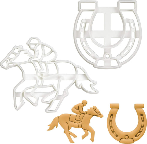Set of 2 Jockey Cookie Cutters, Designs: Jockey and Horse Shoe, 2 Pieces - Bakerlogy