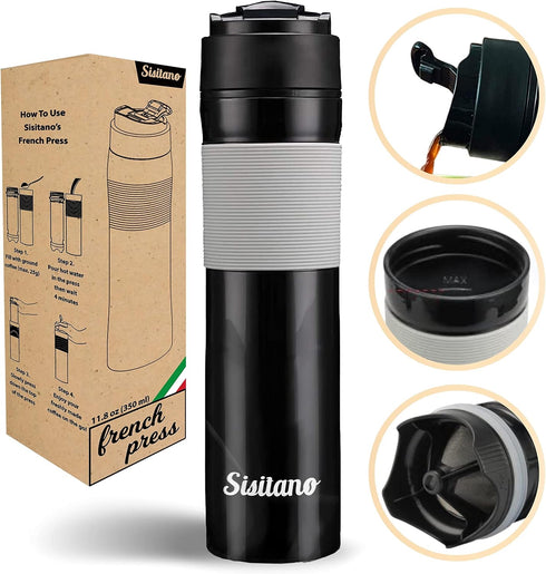 2in1 Travel French Press Coffee Maker, Portable 11.8 oz Tumbler Coffee French Press for Ground Coffee & Tea Leaves; Iced Coffee, Cold Brew Tea, Coffee Mug for Trips, Camping, Work & School by Sisitano