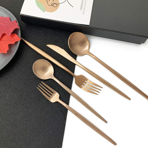 JASHII 6-Piece Rose Gold Flatware Set, 18/10 Stainless Steel Copper Cutlery, Modern Satin Finish, Best Gift