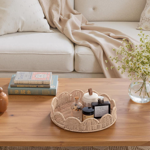 Counter, GRANNY SAYS Wicker Decorative Scalloped Trays for Home Decor, Coffee Table Trays with Handles, Woven Rattan