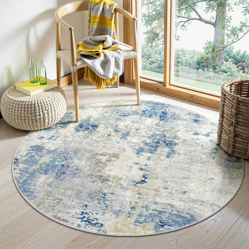 Lahome Modern Abstract Round Rug 4Ft, Blue Washable Front Door Mat Soft