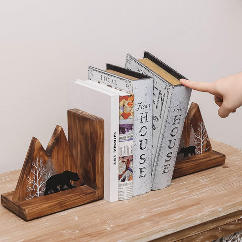 NIKKY HOME Heavy Duty Non Slip Rustic Woodland Mountain Wood Bookend Cute Bear Book Ends Book Stoppers for Cabin Decor