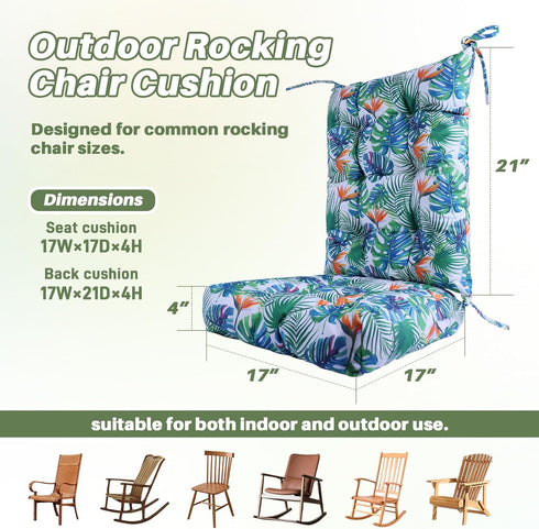 QemoraHome Set Tropical Rainforest Style Rocking Chair Cushion Waterproof Tufted with Ties Non-Slip High Back Chair