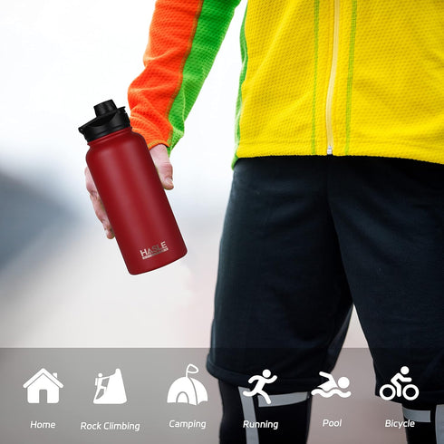 HASLE OUTFITTERS 32 oz Insulated Water Bottle, Stainless Steel Double Walled Vacuum with 2 Lids (Red,4)