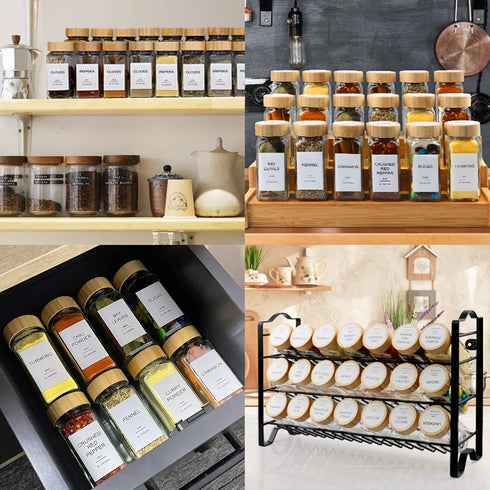 398 24 4oz AISIPRIN Glass Spice Jars with Labels, pcs Spice Containers with Bamboo Lids, Square Spice Bottles