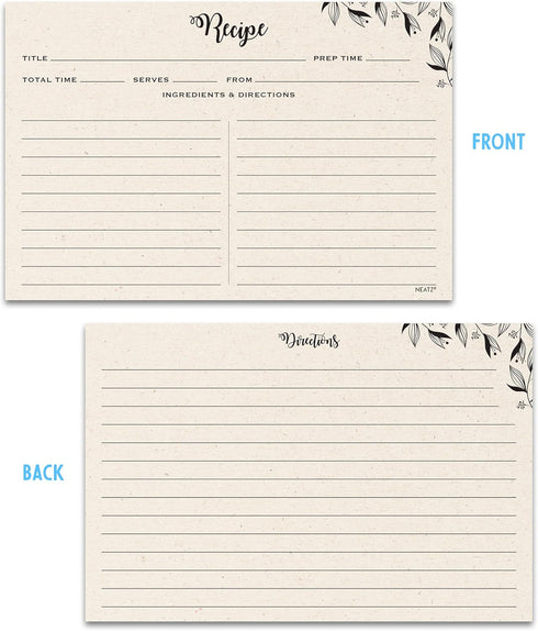 Spacious Recipe Cards 4x6” - 50 count, Double Sided. Thick Card Stock. Perfect for Recipe Box & Recipe Binder. Minimal Floral Kraft-Like Design by Neatz
