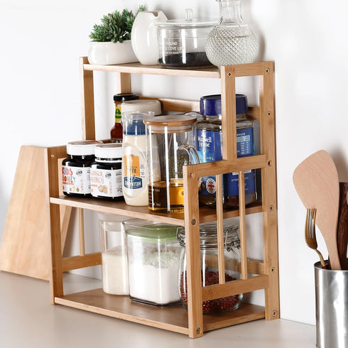 HYNAWIN Bamboo Spice Rack Storage Shelves, 3 Tier Standing Pantry Shelf for Kitchen Counter, Bathroom Countertop
