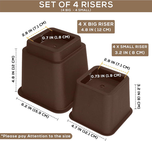 Utopia Bedding Adjustable Bed Furniture Risers - Elevation Heights 3, 5 or 8 Inch Heavy Duty Risers (Set of 8, Brown)