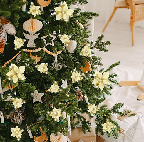 Geefuun 28PCS Christmas Tree Decorations: Gold Glitter Poinsettias Artificial Flowers Ornaments with Clips