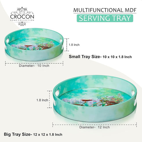 Set 2 Counter Crocon Round Wooden Ottoman Trays with Handles of Cycle Printed Farmhouse Decorative Serving Trays