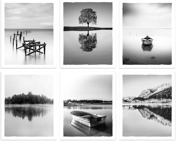 Color Play Nature Landscape Prints Wall Art, Lake Scene Pictures, Black and White Boat Pier Photography for Home Decor