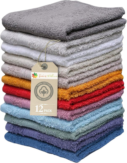 Living Fashions Washcloths, 12 Pack, 100% Extra Soft Ring Spun Cotton Wash