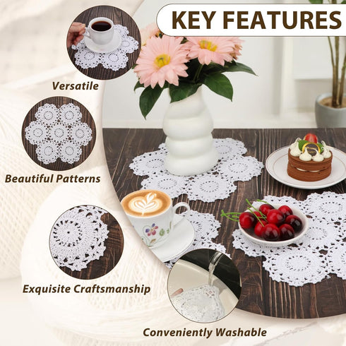 kilofly Crochet Cotton Lace Table Placemats Doilies, 4pc, White, Blossoms, 10 inch