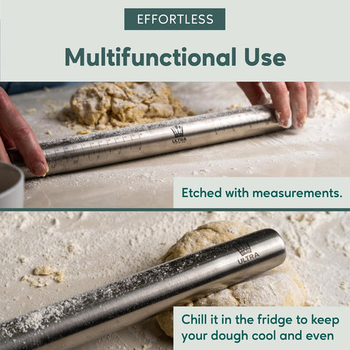 Ultra Cuisine French Rolling Pin for Baking – Tapered Stainless Steel Design with Measurements for Professional or Home