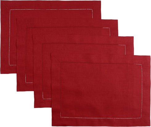 D'Moksha Homes Red Linen Placemats, Set of 4 Classic Hemstitch 14 x 19 Inch, 100% Pure Linen Table Mats