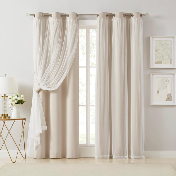 Bujasso Beige 90% Blackout Curtains with Sheer Overlay Mix and Match Double