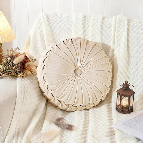 ROSE&RISY Round Pleated Velvet Throw Pillow, 1 Pack Decorative Accent Pumpkin Pillow