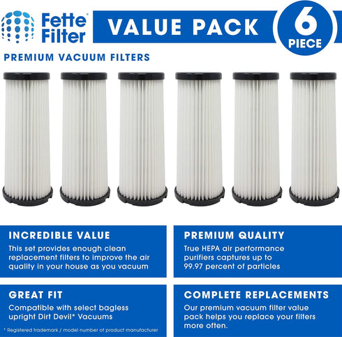 Fette Filter - Vacuum HEPA Filter Compatible with Dirt Devil F1, Pack of 6